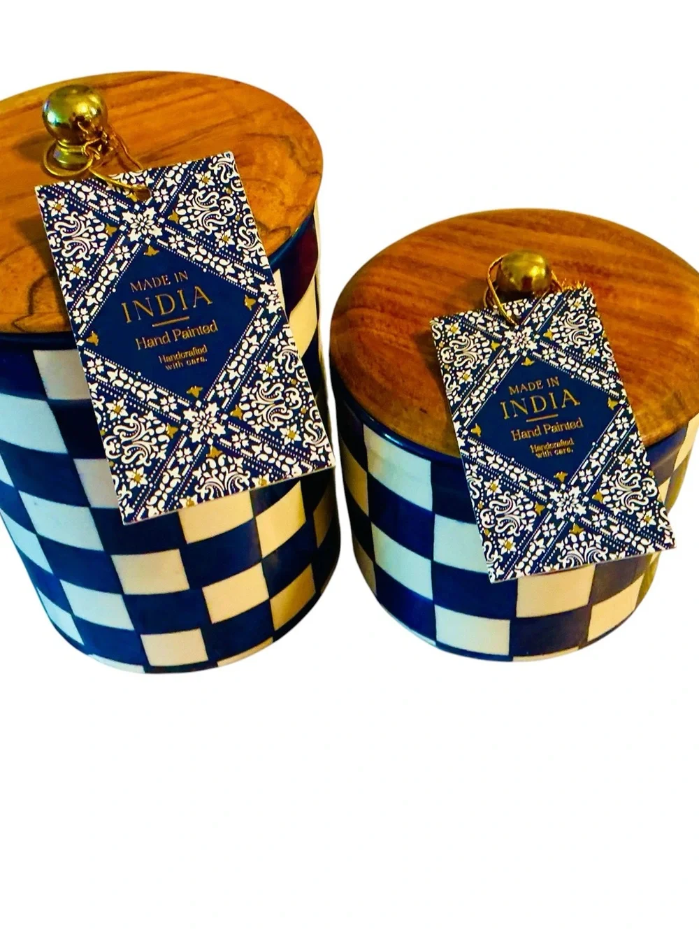 Hand-Painted Checkered Ceramic Jar with Wood Lid